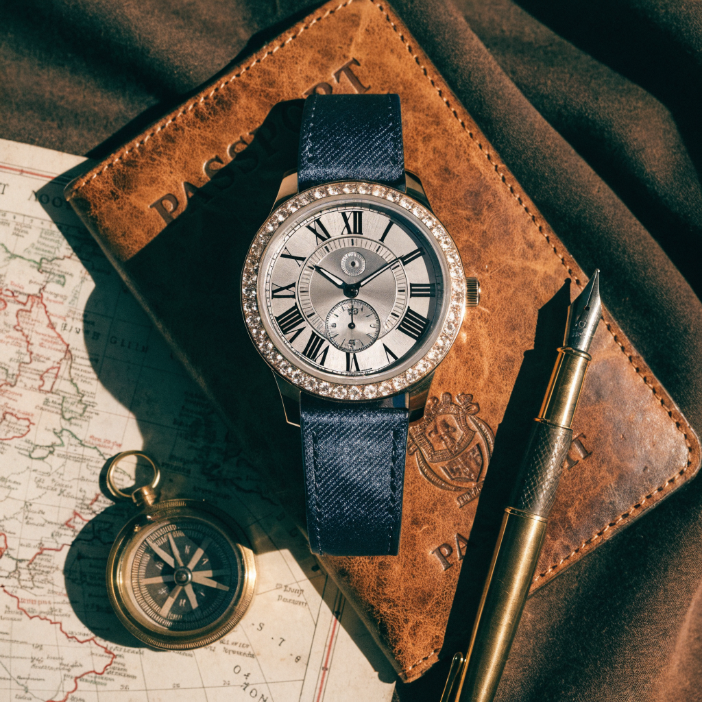 Reloj Zeppelin junto a mapas y accesorios de viaje