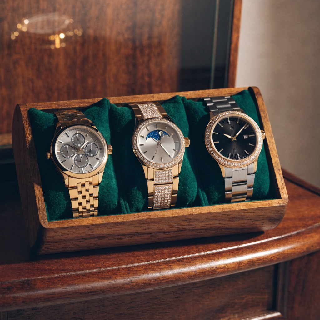 Colección de relojes Zeppelin en expositor de madera